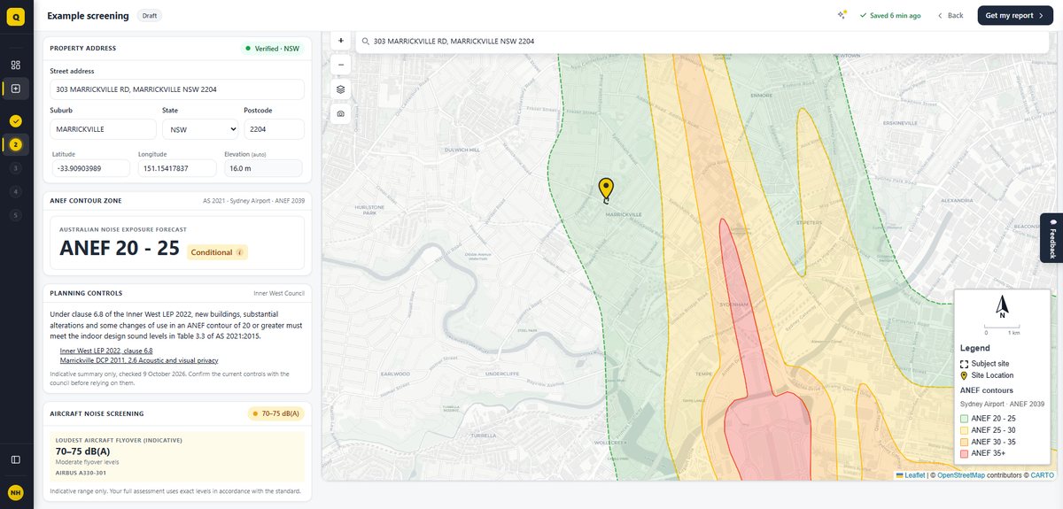 QuietPath free check for an address in Marrickville NSW: ANEF 20–25, conditional, with Inner West Council planning controls and an indicative loudest flyover of 70–75 dB(A), over a map of the Sydney Airport noise contours.