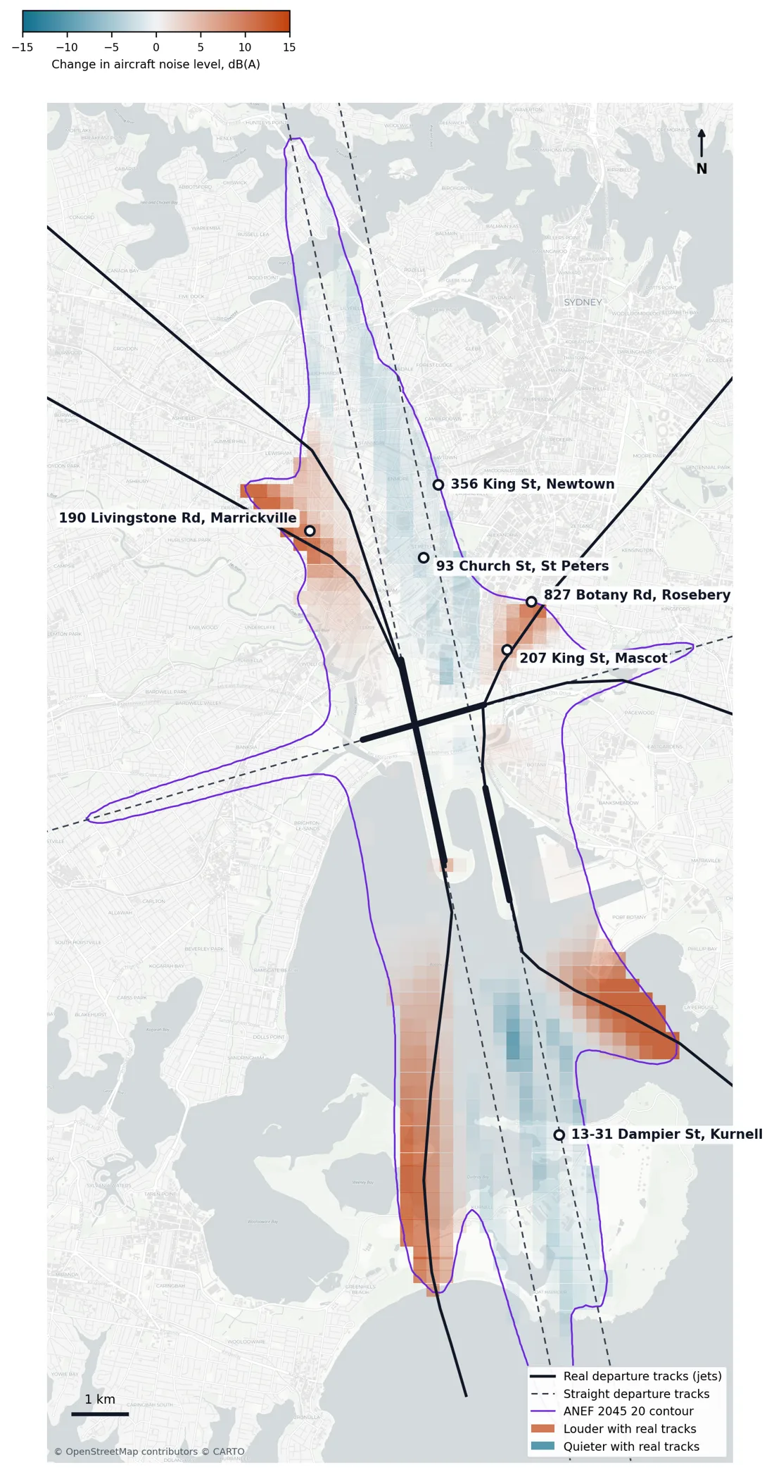 Map of the area around Sydney Airport inside the ANEF 2045 20 contour, shaded by the change in aircraft noise level when jet departures follow the real tracks: louder in orange under the turning tracks over Marrickville, Mascot, Rosebery and Botany Bay, quieter in blue along the extended runway centrelines north and south of the airport.