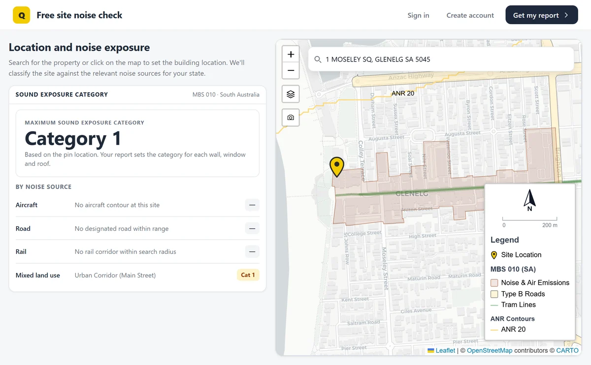 QuietPath free check for 1 Moseley Square, Glenelg: sound exposure category 1 from the mixed-use area along Jetty Road, with the noise overlay shaded on the map along the Jetty Road shopping strip.