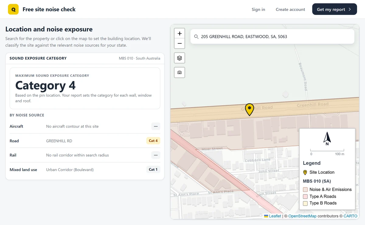 QuietPath free check for 205 Greenhill Road, Eastwood: sound exposure category 4 from Greenhill Road, with the pin at the front of the block beside the road.