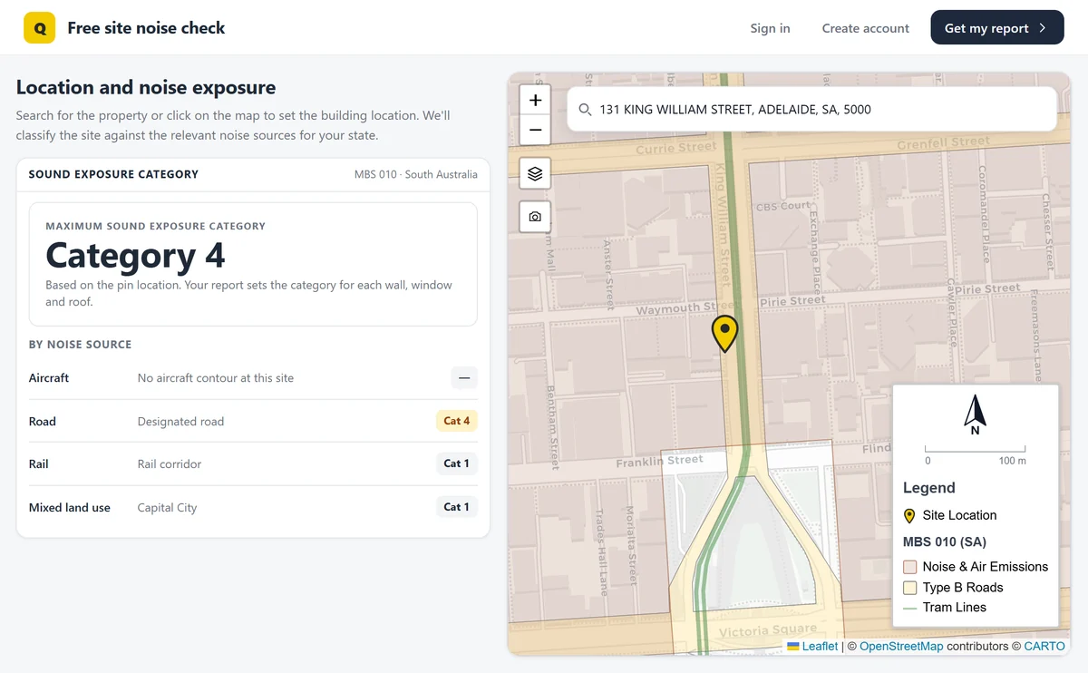 QuietPath free check for 131 King William Street, Adelaide: sound exposure category 4, set by the road, with the tram line at category 1 and the city's mixed-use area at category 1, over a map of King William Street and the tram line.
