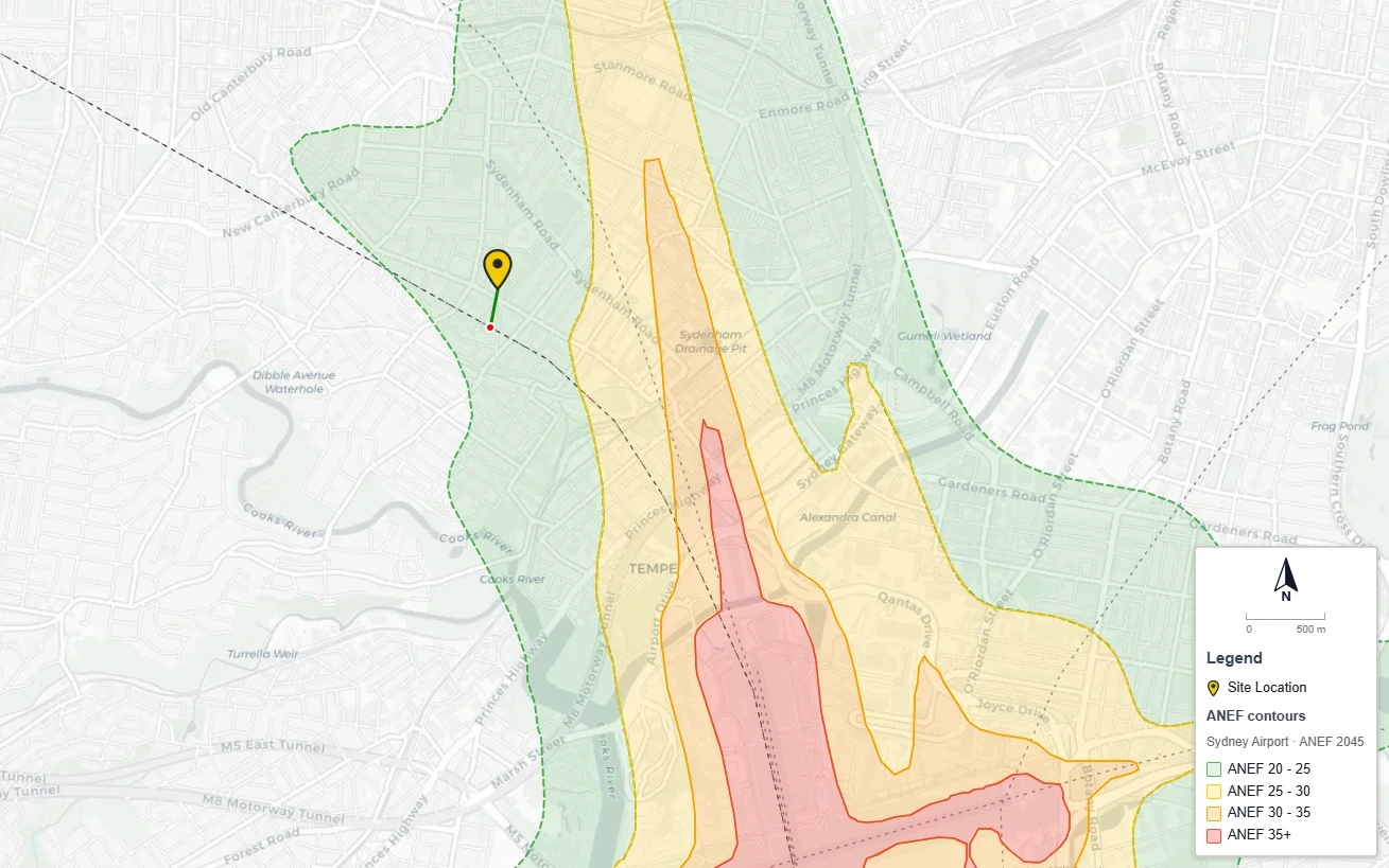 QuietPath site map for 303 Marrickville Road, Marrickville: the site pin inside the ANEF 20 to 25 contour, a short green line to the nearest point on the curved 34L jet departure track, and the extended runway centrelines shown dashed.