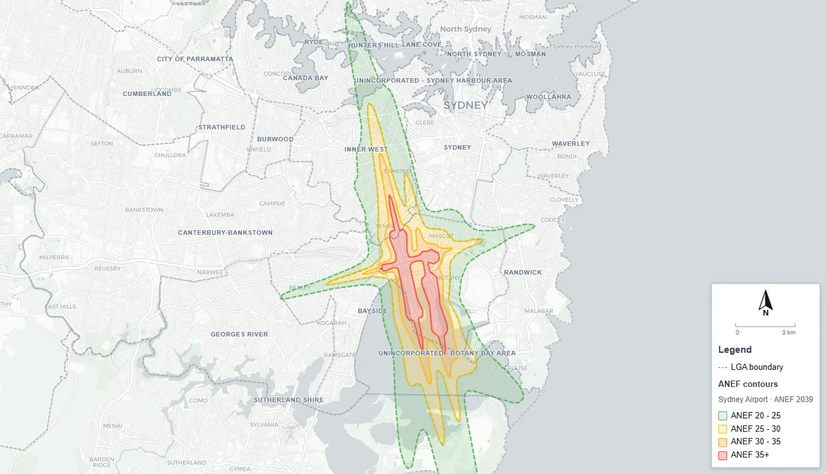 Map of the Sydney Airport ANEF contours with council boundaries, stretching north over the inner west towards Hunters Hill and Lane Cove and south across Botany Bay.