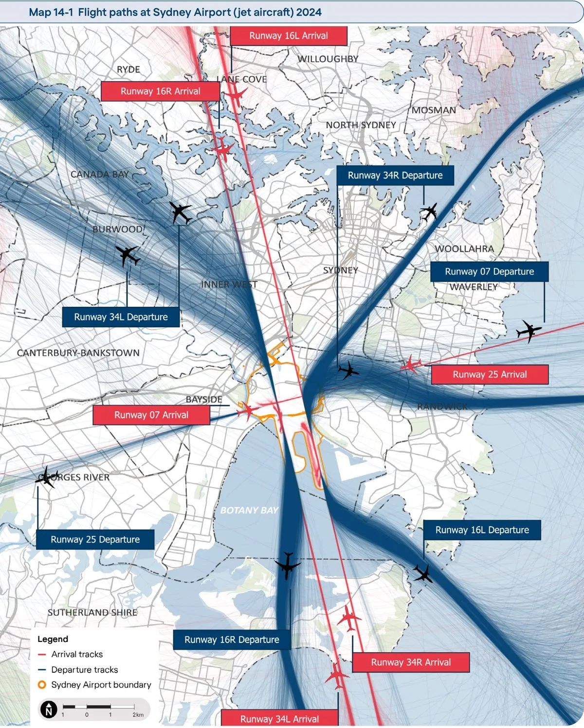 Map 14-1 from the Sydney Airport Master Plan 2045: jet arrival and departure tracks at Sydney Airport in 2024, with runway labels over a street map of the surrounding suburbs.