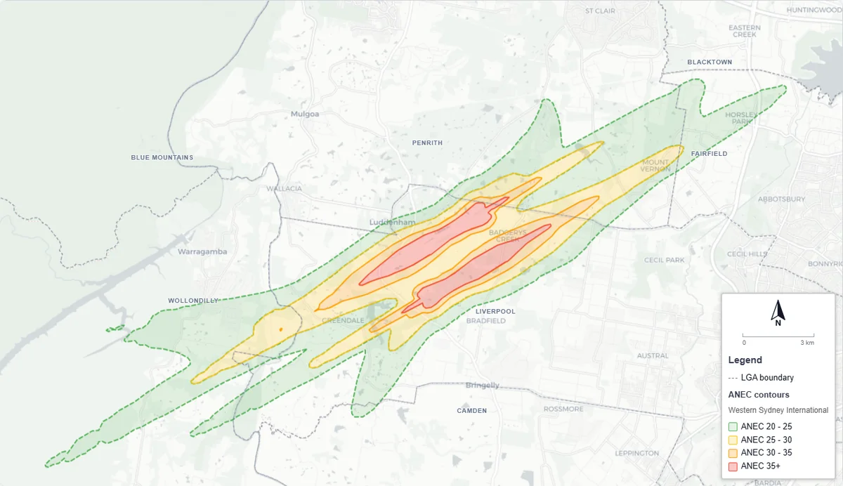 Map of the Western Sydney International ANEC contours, running north-east to south-west from Horsley Park through Badgerys Creek and Luddenham to Greendale and Silverdale, with council boundaries for Penrith, Liverpool, Fairfield, Wollondilly and Camden.