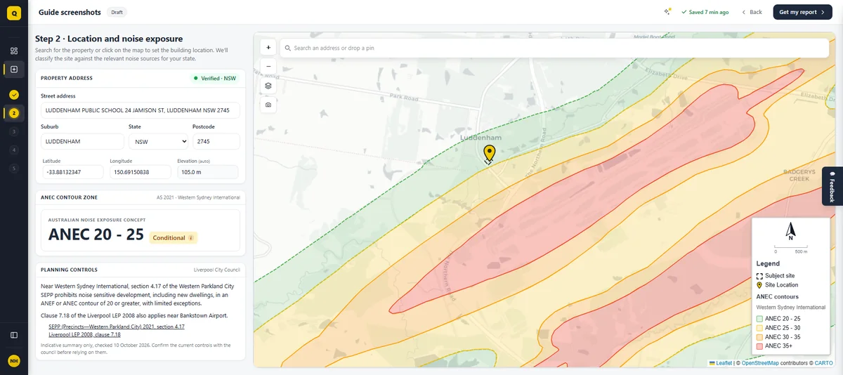 QuietPath free check for Luddenham Public School, 24 Jamison Street, Luddenham: ANEC 20–25, with the Western Parkland City SEPP section 4.17 planning control and a map of the ANEC contour bands over Luddenham and Badgerys Creek.